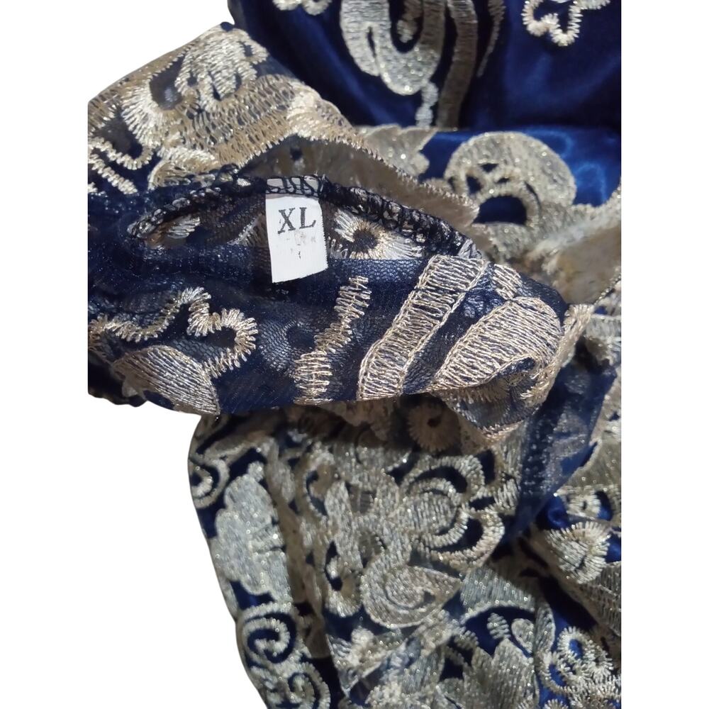 Women's Blue Lace Metallic Gold Embroidered Formal Cocktail Dinner Party Dress - Picture 10 of 13